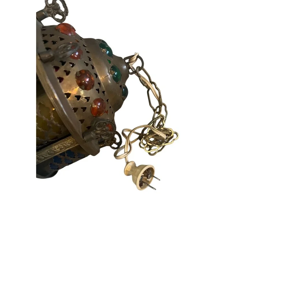 Vintage Moroccan Brass Jeweled Lantern Hanging Swag Lamp Colorful Glass Cabochon